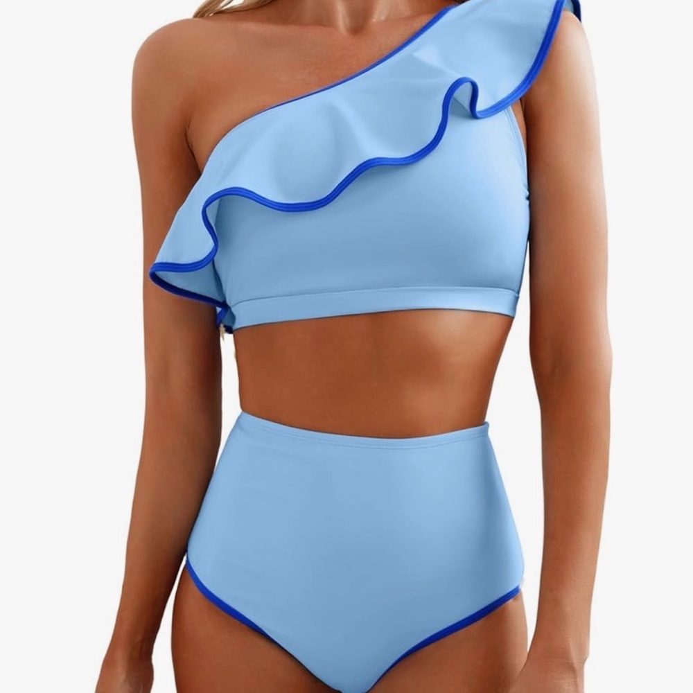 One-Shoulder Blue Ruffle Bikini